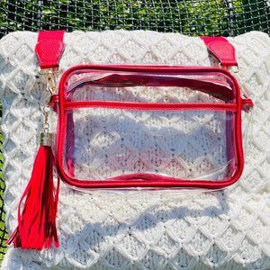 Clear purse,red,clear bag,game day bag, game day purse,stadium bag. Strap is int